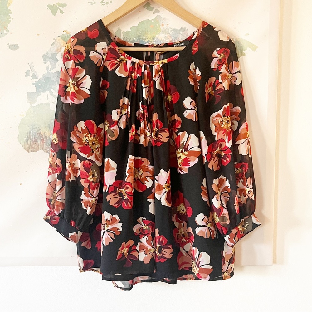 Madewell Blouse Size Small Tie-Back Bubble-Sleeve Top in French Rose Black $98